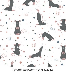 Rat yoga poses and exercises. Cute cartoon seamless pattern. Vector illustration