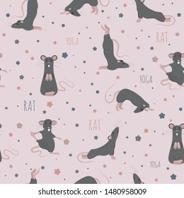 Rat yoga poses and exercises. Cute cartoon seamless pattern. Vector illustration