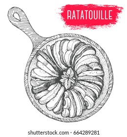 Ratatouille hand drawn vector illustration. French cuisine dish. Design sketch element.