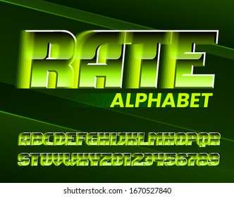 Rate alphabet font. High speed effect dynamic letters and numbers. Stock vector typeface for your design in sport style.