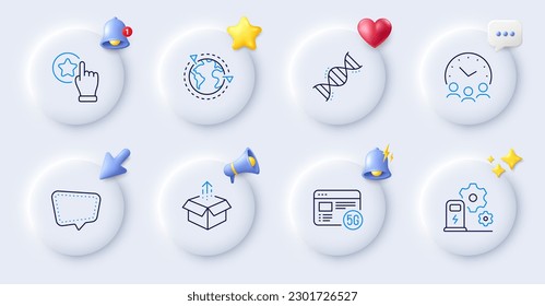 Rate button, Send box and Outsourcing line icons. Buttons with 3d bell, chat speech, cursor. Pack of Charging station, Chemistry dna, Chat message icon. Meeting time, 5g internet pictogram. Vector