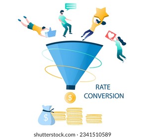 Rate conversion optimization sales funnel vector illustration. Process of customer attraction, leads and monetization tips smm strategies. Digital inbound marketing concept