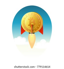 The rate of crypto-currencies soars upwards: the red rocket bitcoin in the sky