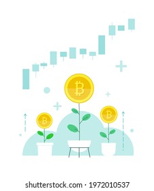 The rate of the cryptocurrency bitcoin is growing. Price goes up, dividends go up.Invest in exchange trading from home.3 plants in home pots as a metaphor for raising home equity.Vector illustration.