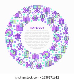 Rate cut concept in circle with thin line icons: cutting price, cost reduction, sale, discount, receipt, loyalty card, interest. Modern vector illustration.