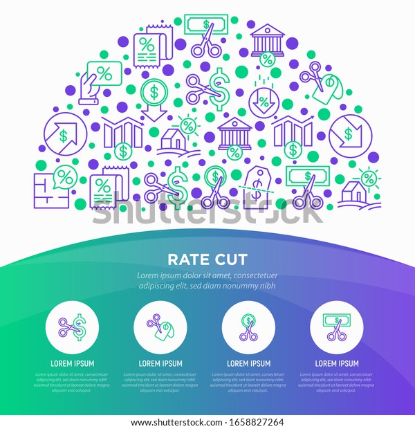 Rate cut concept in half\
circle with thin line icons: cutting price, cost reduction, sale,\
discount, receipt, loyalty card, interest. Modern vector\
illustration.