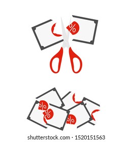 Rate cut concept. Scissors cutting money bill in half.