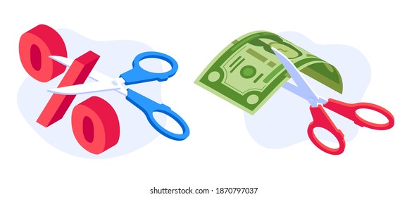 Rate cut concept. Scissors cutting dollar banknote and percentage. Economic crisis, money banking nominal recession. Financial and economical term symbols cartoon vector illustration