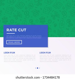 Concepto de corte de velocidad con iconos de línea delgada: precio de corte, reducción de costes, venta, descuento, recibo, tarjeta de fidelidad, interés. Ilustración vectorial moderna, plantilla con espacio de copia.