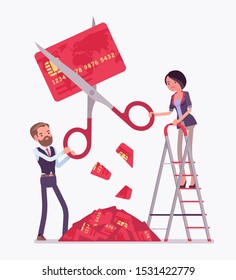 Rate cut credit card. Man and woman cutting with giant scissors, banking panics when economy is in a slump, big recession and disturbance to financial markets. Vector flat style cartoon illustration