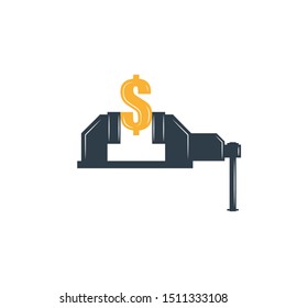 Rate cut finance concept graphic metaphor, dollar sign clamped in a bench vise as an economic illustration, depreciation of the American currency.