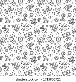 Rate Cut Seamless Pattern With Thin Line Icons: Cutting Price, Cost Reduction, Sale, Discount, Receipt, Loyalty Card, Interest. Modern Vector Illustration.