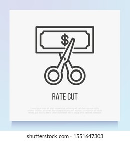 Rate cut thin line icon: scissors cutting banknote with dollar sign. Special offer. Modern vector illustration.