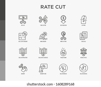 Rate cut thin line icon set: cutting price, cost reduction, sale, discount, receipt, loyalty card, interest. Modern vector illustration.