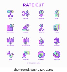 Rate cut thin line icon set: cutting price, cost reduction, sale, discount, receipt, loyalty card, interest. Modern vector illustration.