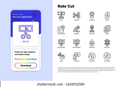 Juego de iconos de línea delgada de corte de velocidad: precio de corte, reducción de costos, venta, descuento, recibo, tarjeta de fidelidad, interés. Ilustración vectorial, plantilla de interfaz de usuario móvil.