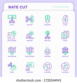 Rate Cut Thin Line Icon Set: Cutting Price, Cost Reduction, Sale, Discount, Receipt, Loyalty Card, Interest. Modern Vector Illustration.