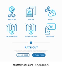 Rate Cut Thin Line Icon Set: Cutting Price, Sale, Discount, Receipt, Loyalty Card, Interest. Modern Vector Illustration.