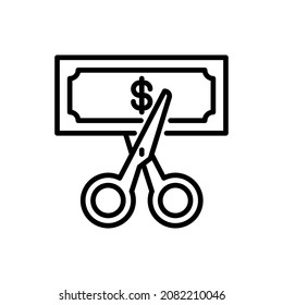 Rate Cut Thin Line Icon: Scissors Cutting Banknote With Dollar Sign. Special Offer. Modern Vector Illustration.