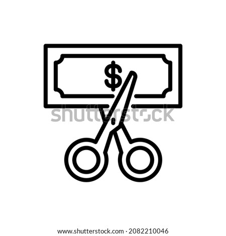 Rate cut thin line icon: scissors cutting banknote with dollar sign. Special offer. Modern vector illustration.
