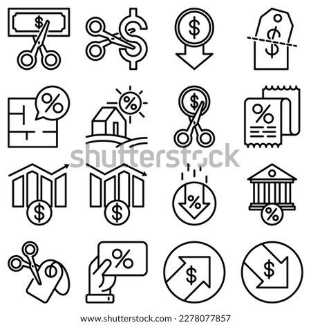 Rate cut thin line icon set: cutting price, cost reduction, sale, discount, receipt, loyalty card, interest. Modern vector illustration.