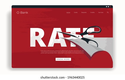 Rate cut vector first screen template with a scissors cutting tax, hourly, interest rates as the metaphor of a costs reduce. Favorable lending terms. Business and finance. Economics and markets.