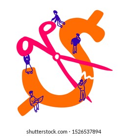 Rate cut vector illustration. Flat tiny people cut dollar sign concept. Reduce federal funds target. Financial and economical term abstract visualization. Doodle cartoon hand-drawn illustration.