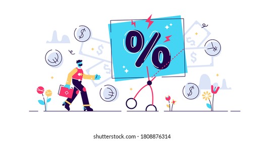 Rate cut vector illustration. Flat tiny price percentage reduction persons concept. Reduce federal funds target. Financial and economical term abstract visualization. Money banking nominal recession.