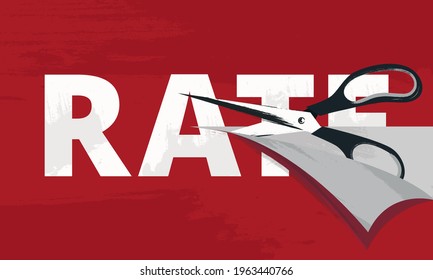 Rate cut vector illustration with a scissors cutting tax, hourly, interest rates as the metaphor of a costs reduce. Favorable lending terms. Business and finance. Economics and markets.