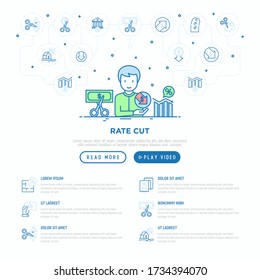 Plantilla de página web de recorte de velocidad con icono de línea delgada: precio de corte, reducción de costes, venta, descuento, recibo, tarjeta de fidelidad, interés. Ilustración vectorial moderna.