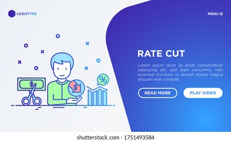 Rate cut web page template with thin line icon: cutting price, cost reduction, sale, discount, receipt, loyalty card, interest. Modern vector illustration.