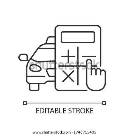 Rate estimator linear icon. Car and calculator. Estimation of the taxi fare. Fixed rate. Thin line customizable illustration. Contour symbol. Vector isolated outline drawing. Editable stroke