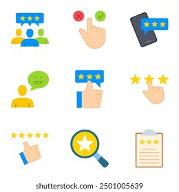 Conjunto de iconos de tasa o Comentarios, cinco estrellas de revisión positiva, concepto de mejor clasificación, revisión del Cliente, buen resultado, estrella, como el pulgar hacia arriba y la burbuja de discurso, feliz signo de revisión del cliente