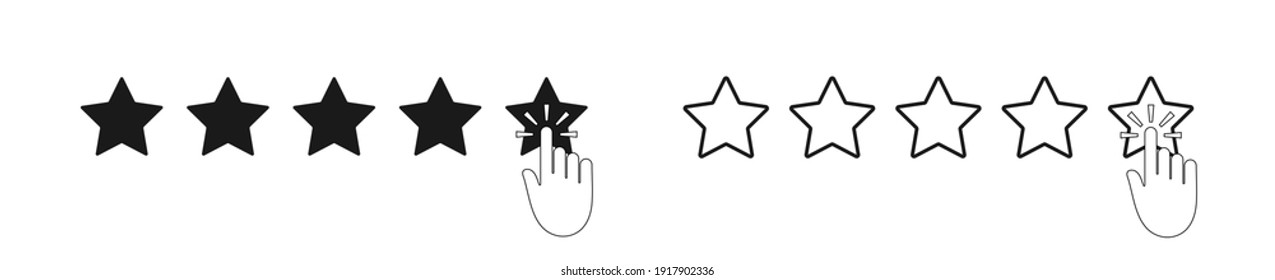 Rate with five star and finger of customer. Review, performance and feedback with 5 stars. Outline icons of satisfaction. Online service of survey and opinion customer. Positive evaluation. Vector.