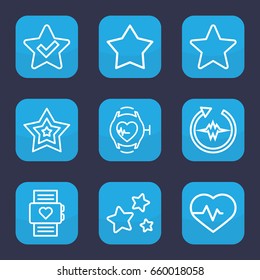 Rate icon. set of 9 outline rate icons such as heartbeat, heartbeat watch, star