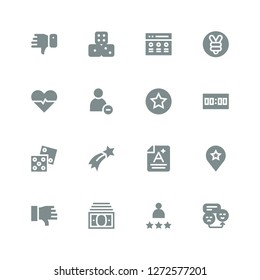 rate icon set. Collection of 16 filled rate icons included Rate, Rating, Income, Dislike, Favourite, Score, Shooting star, Dice, Reduce, Heartbeat, Yuan, Dices