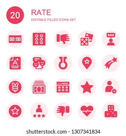 rate icon set. Collection of 20 filled rate icons included Score, Dice, Dislike, Rate, Life, Favourite, Shooting star, Yuan, Income, Reduce, Rating, Heartbeat, Dices