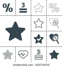 Rate icons. set of 13 editable filled and outline rate icons such as star, 3 allowed, heartbeat, percent