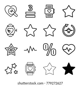Rate icons. set of 16 editable outline rate icons such as star, heart rate watch, heartbeat, 3 allowed, percent, heartbeat search