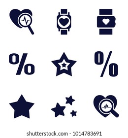 Rate icons. set of 9 editable filled rate icons such as heart rate watch, percent, heartbeat search, star
