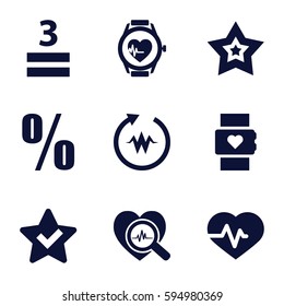 rate icons set. Set of 9 rate filled icons such as heartbeat, 3 allowed, heartbeat search, heartbeat watch, star, percent
