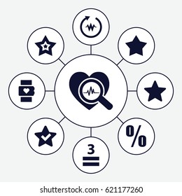 Rate icons set. set of 9 rate filled icons such as 3 allowed, heartbeat search, star, percent, heartbeat