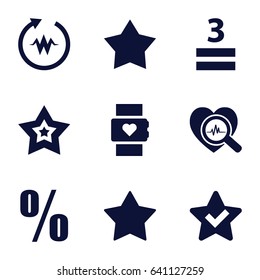 Rate icons set. set of 9 rate filled icons such as star, 3 allowed, heartbeat search, percent, heartbeat