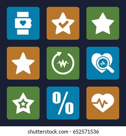 Rate icons set. set of 9 rate filled icons such as star, heartbeat, heartbeat search, percent