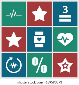 Rate icons set. set of 9 rate filled icons such as star, heartbeat, 3 allowed, percent