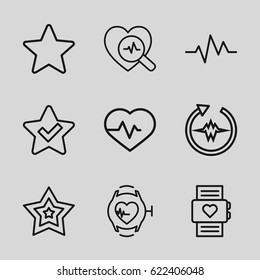 Rate icons set. set of 9 rate outline icons such as heartbeat, heartbeat search, heartbeat watch, star