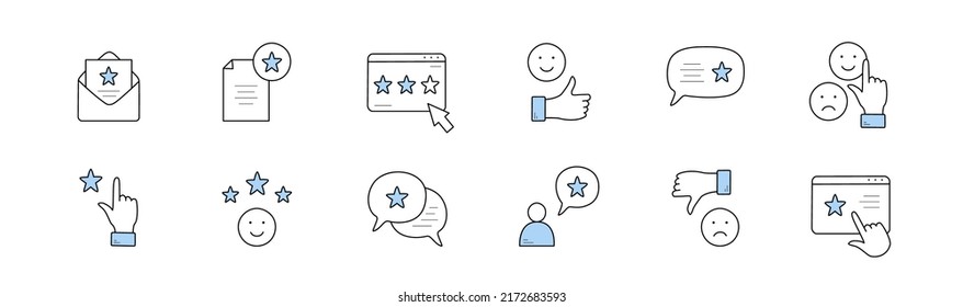 Iconos de velocidad establecidos en estilo doodle, clasificación vectorial aislada y revisión de signos lineales. Estrella, sobre, emoji sonriente, como pulgar hacia arriba y burbuja del habla. Realimentación positiva o negativa del cliente, símbolos de arte de línea