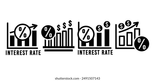 rate interest percentage growth up finance icon symbol vector design black white color simple flat illustration collection set