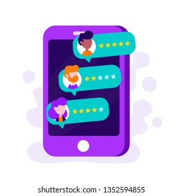 Rate our app flat concept. Vector flat modern style cartoon character illustration avatar icon design.Review rating bubble speeches on smartphone mobile. Notifications, feedback messages concept