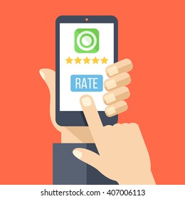 Rate Our App Flat Concept. Hand Holds Smartphone With 5 Stars And Rate Button On Phone Screen. Vector Illustration